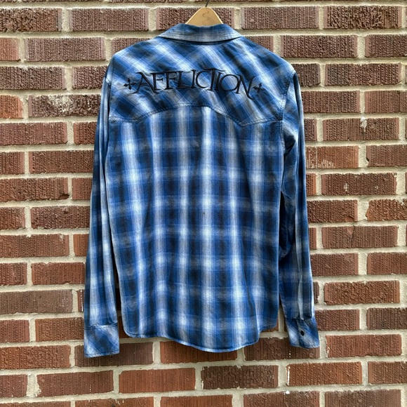 Affliction Black Premium Back logo Long Sleeve Blue Plaid Button Shirt Size L - Picture 1 of 9
